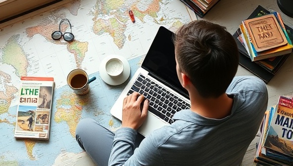 A digital nomad at a laptop, surrounded by travel guides, maps, and a cup of coffee, capturing the essence of travel planning from anywhere in the world.