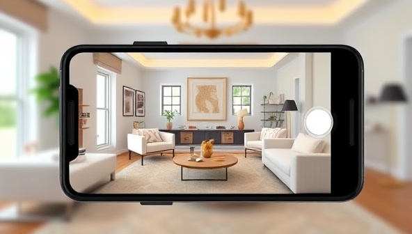 A smartphone screen displaying an AR app interface with virtual products placed in a stylish living room setting, showcasing the app's immersive and interactive shopping experience for users.