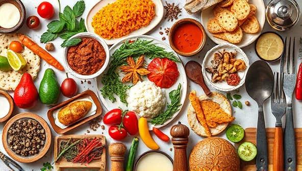 A mouth-watering digital collage featuring a colorful array of global cuisines, exotic spices, and cooking utensils, evoking the sensory delights of virtual food tour experiences in the comfort of one's own kitchen.