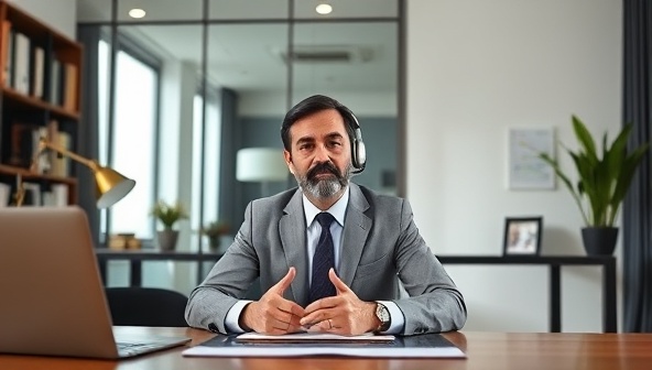 An image of a virtual legal consultation setup with a professional attorney providing advice on a real estate contract via video call, illustrating the convenience and expertise of online legal services.