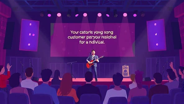 An illustration of a virtual concert setting with a digital stage, customized for each customer, featuring a musician performing a personalized song request for an individual, surrounded by virtual audience members cheering and applauding.
