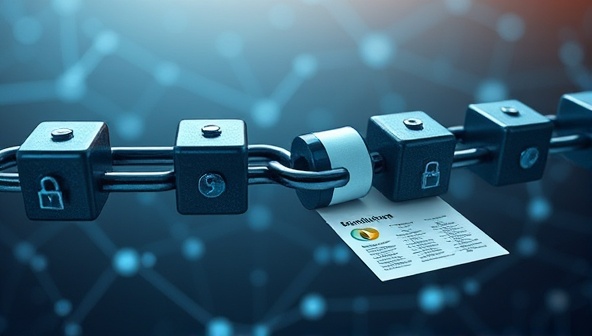 An artistic representation of interconnected blocks forming a secure chain, symbolizing blockchain technology, with financial documents flowing through the chain, showcasing transparency and trust in accounting verification.