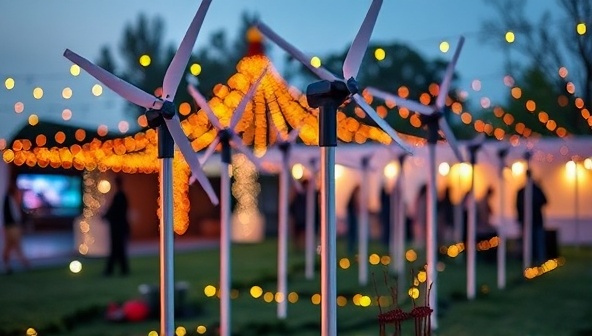 An outdoor event setup with portable mini wind turbines gracefully spinning in the breeze, surrounded by festive lights and colorful decorations, creating a sustainable and vibrant atmosphere that captivates event attendees and showcases clean energy solutions in action.