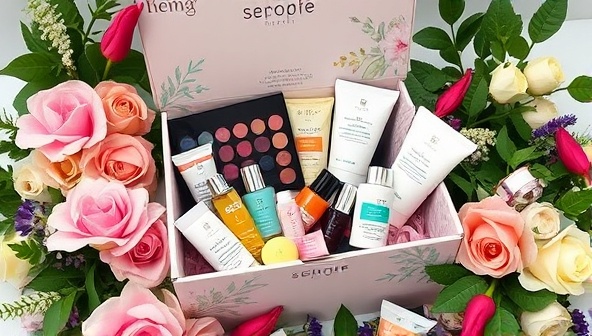 A beautifully designed box overflowing with colorful beauty products like skincare serums, makeup palettes, and luxurious creams, surrounded by fresh flowers and lush greenery, exuding a sense of luxury and personalization.
