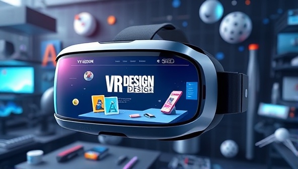 A virtual reality headset displaying a futuristic web design interface with 3D elements floating in space, surrounded by digital tools and design inspirations, illustrating the immersive and cutting-edge experience of VRDesign Consult.