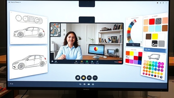 An interactive video call screen displaying a split view of a consultant discussing custom car design ideas with a client, surrounded by digital sketches, color swatches, and inspiration boards, illustrating the virtual creative process of CustomRide Consult.