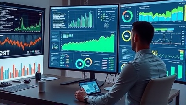 An image of a web designer analyzing a complex data visualization on a large computer screen, surrounded by graphs and charts representing website performance metrics, emphasizing the data-driven approach to web design analytics.
