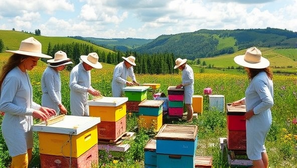 A captivating scene at BuzzHive EcoTours, featuring visitors in beekeeping suits harvesting honey from colorful beehives in a scenic apiary surrounded by blooming wildflowers and lush green landscapes, emphasizing the harmony between humans and bees in sustainable agriculture.