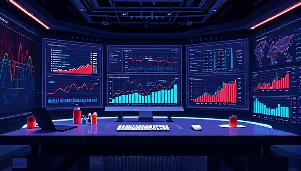 An illustration of a futuristic digital workspace with automated algorithms analyzing financial data, adjusting investment portfolios, and displaying real-time performance metrics, symbolizing efficiency and precision in wealth management through AutoWealth's automated service.