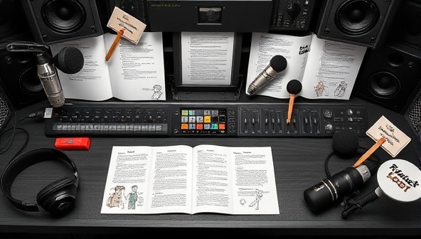 A digital soundboard with various audio editing tools, microphones, and headphones, surrounded by script pages, character sketches, and sound effect props, creating an immersive and creative podcast production workspace.