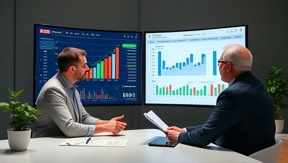 A professional virtual financial planning session setup featuring a finance coach discussing investment strategies with a client, with financial charts, budgeting tools, and retirement planning resources displayed on screen, creating a focused and informed financial planning environment that promotes financial empowerment and wealth-building.