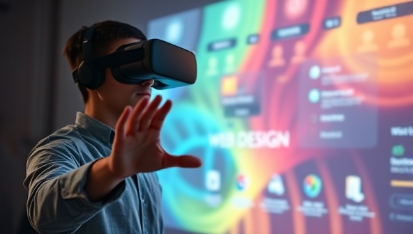 An individual wearing a VR headset, gesturing and interacting with a virtual web design interface projected in front of them, showcasing the immersive and futuristic nature of VR design showcases.