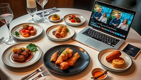 An elegant table setting with a variety of exotic food items beautifully arranged on plates, accompanied by tasting notes and a laptop displaying a live virtual tasting session, creating a sophisticated and immersive dining atmosphere.