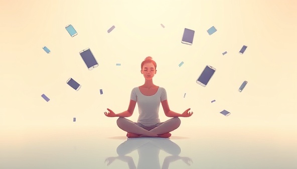 A serene digital illustration of a person meditating in a peaceful virtual environment, surrounded by floating digital devices symbolizing a mindful approach to technology use.