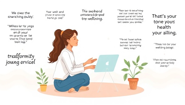 A serene digital illustration featuring a wellness coach guiding a client through a virtual coaching session, surrounded by motivational quotes, wellness goals, and health resources, symbolizing the transformative journey and support provided by Wellness Wings Coaching's virtual wellness coaching service.