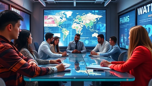 A futuristic brainstorming session with a diverse team of professionals surrounded by cutting-edge technology, digital screens displaying innovative concepts, and collaborative workspaces, inspiring creativity and fostering a culture of innovation and forward thinking.