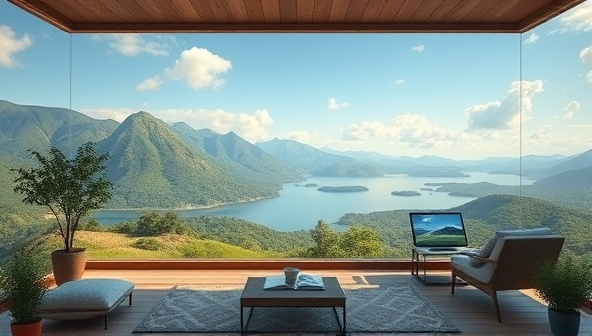 An immersive virtual retreat environment featuring serene landscapes, cozy writing nooks, and inspiring quotes, creating a tranquil and inviting space for writers to focus and create during the retreat sessions, fostering creativity and relaxation.