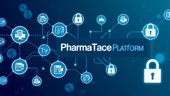 An innovative digital illustration showcasing the PharmaTrace platform interface with interconnected nodes representing different stages of the pharmaceutical supply chain, data streams flowing between nodes, and security locks symbolizing transparency and authenticity in medication tracking and distribution.
