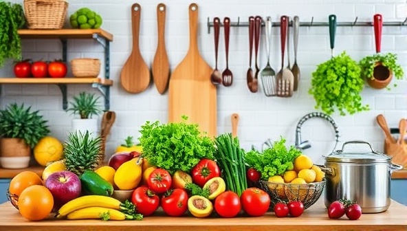 A vibrant and fresh kitchen setup with colorful fruits, vegetables, and cooking utensils, evoking a sense of health and vitality in the nutrition and wellness coaching services at Nourish Wise Wellness.