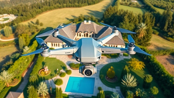 Aerial footage captured by a drone showcasing a luxurious estate with a sprawling garden, swimming pool, and scenic surroundings, highlighting the uniqueness and beauty of properties from a bird's eye perspective.