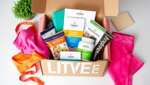 An aesthetically pleasing flat lay of a fitness subscription box filled with colorful workout gear, protein bars, motivational cards, and wellness products, reflecting a lifestyle of health and vitality, ready to be unboxed by a customer.