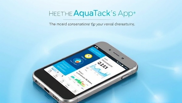 An engaging graphic showing a smartphone screen displaying the AquaTrack app interface with colorful water usage graphs, conservation tips, and a sleek design, conveying the app's user-friendly features and environmental impact.