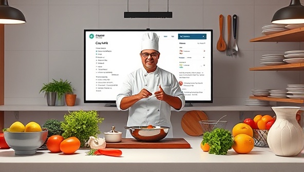 An artistic depiction of a virtual cooking class setup with ChefLink Studios' chef guiding participants through a live cooking session, showcasing fresh ingredients, cooking utensils, and a digital recipe display, creating a dynamic and interactive culinary experience at home.