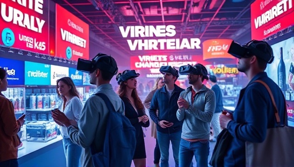 An artistic depiction of a VRiseMark VR marketing campaign, showing consumers immersed in a virtual brand world, interacting with products and engaging with branded content in a captivating and futuristic setting, symbolizing the power of VR marketing experiences.