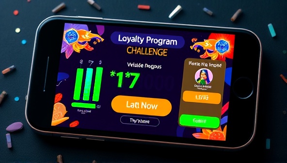 An engaging game interface on a mobile device displaying a loyalty program challenge with progress bars, rewards, and a countdown timer, surrounded by vibrant visuals and motivating messages, creating a sense of excitement and achievement.