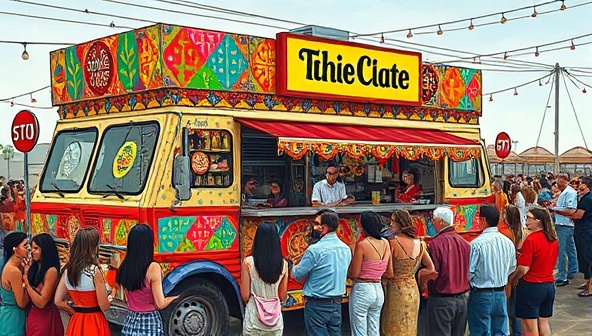 An artistic representation of a vibrant and eclectic food truck adorned with colorful cultural motifs and symbols, serving a fusion feast of global flavors and textures to a diverse crowd of customers eagerly sampling the innovative dishes, capturing the essence of FlavorFusion Wheels' dynamic culinary experience.