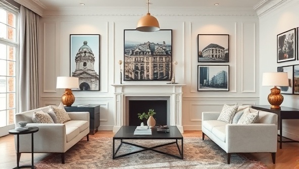 An elegant living room adorned with various architectural photography prints, creating a sophisticated and cultured ambiance that showcases the allure of architectural art in home decor.