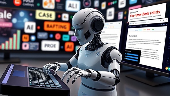 An AI-powered robot typing on a keyboard, surrounded by creative content ideas and digital screens displaying engaging written content, symbolizing the efficiency and creativity of the AI-powered content creation tool.