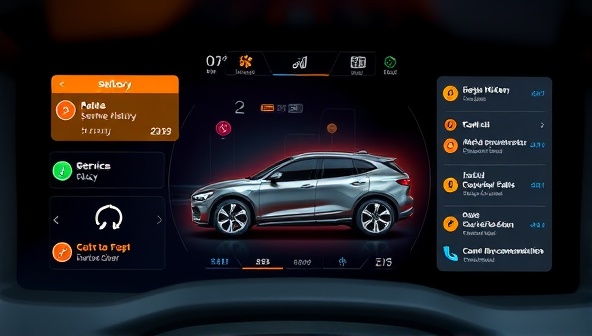 A digital dashboard displaying a virtual car with maintenance alerts and notifications, surrounded by icons representing service history, upcoming repairs, and personalized recommendations, conveying efficiency and organization.