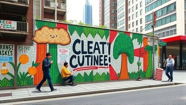 An urban setting transformed by eco-friendly guerrilla marketing, featuring a vibrant street mural made from sustainable materials and interactive elements that engage passersby, conveying creativity and sustainability in action.