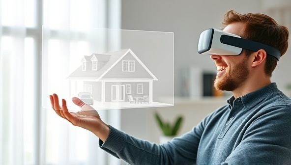 A client wearing AR glasses, gesturing excitedly as they explore a virtual house layout hovering in front of them, with customizable design elements and furniture options, creating a futuristic and personalized experience.