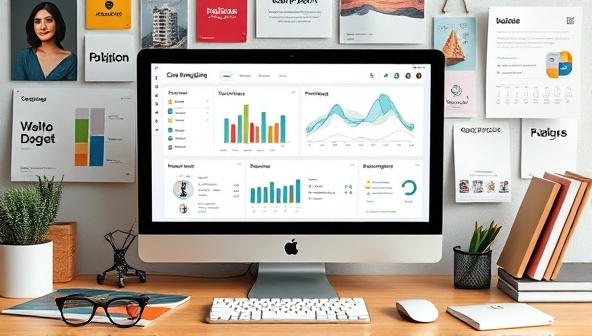 A dynamic digital marketing dashboard on a computer screen displaying campaign analytics, social media metrics, and engagement rates, surrounded by marketing tools and branding materials, illustrating the power of digital marketing strategies.