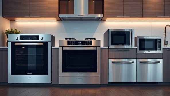 A sleek and modern smart oven and kitchen appliance lineup displayed in a contemporary kitchen setting, highlighting the advanced features and versatility of the rental service offered by KitchenTech Innovate, catering to tech enthusiasts and cooking aficionados seeking innovation in their culinary experiences.