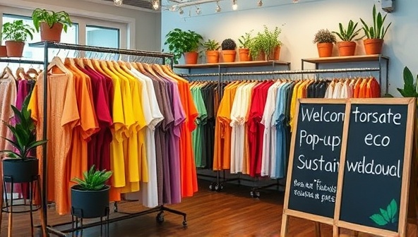 A vibrant and trendy pop-up store setup with racks of colorful clothing made from sustainable materials, potted plants decorating the space, and a chalkboard sign welcoming eco-conscious shoppers, capturing the essence of sustainability and style.