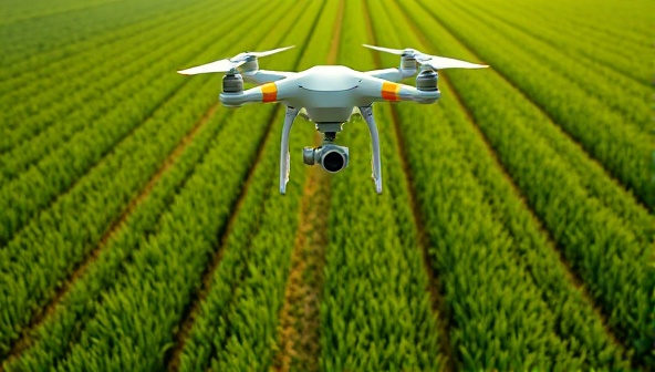An aerial view of a lush green field with a drone flying overhead, capturing detailed images of crop rows and soil patterns, illustrating the potential of drone-based agricultural monitoring for precision farming.