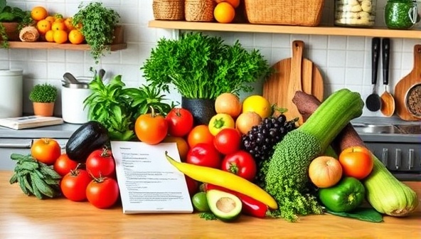 A colorful and vibrant kitchen countertop filled with fresh fruits, vegetables, and herbs, along with neatly arranged recipe cards and cooking utensils, showcasing the essence of plant-based cooking and meal preparation.