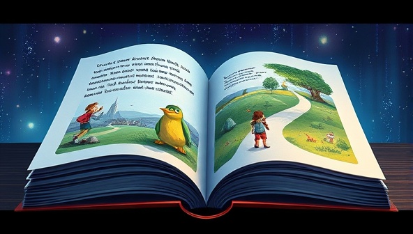 An artistic depiction of a digital storybook with interactive elements like pop-up visuals and clickable paths, showcasing the engaging and immersive storytelling possibilities of StoryWebWeave, inviting users to explore and create interactive narratives.