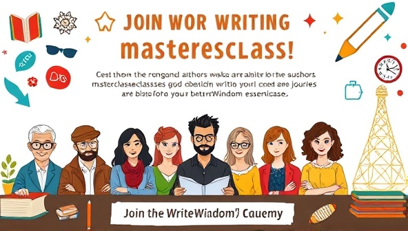 An engaging promotional poster featuring a lineup of renowned authors and writing experts teaching diverse writing masterclasses, with colorful illustrations of literary elements and creative symbols, inviting viewers to join the educational journey at the WriteWisdom Academy.