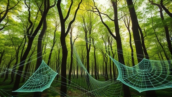 An artistic representation of a digital forest with interconnected webs symbolizing eco-friendly web design, showcasing a harmonious blend of nature and technology in a visually captivating manner.