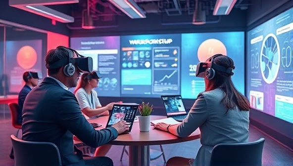An imaginative illustration of a virtual reality workshop where business professionals are immersed in a gamified marketing simulation, brainstorming ideas and strategizing in a dynamic and interactive environment.
