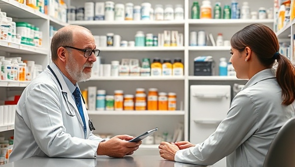 An image of a pharmacist conducting a telepharmacy consultation with a patient, surrounded by shelves of medications and pharmaceutical supplies, creating a professional and caring virtual healthcare setting for medication management and guidance.