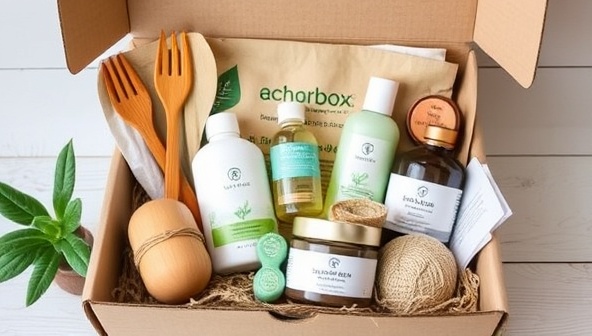 An eco-friendly subscription box filled with natural skincare products, bamboo utensils, plant-based cleaning supplies, and recycled accessories, presented in a biodegradable packaging, promoting a greener and more sustainable lifestyle.