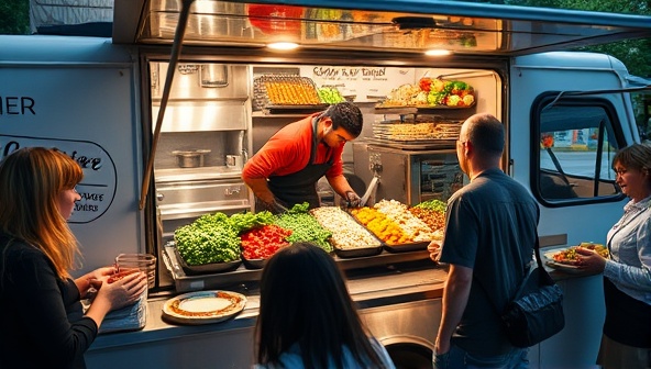 A vibrant food truck setting with a diverse array of colorful plant-based street food dishes being prepared and served, surrounded by enthusiastic customers enjoying their flavorful and healthy meals, capturing the essence of sustainable and delicious plant-based cuisine on the go.