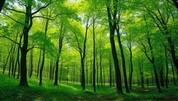 A serene image of a lush green forest with eco-friendly marketing materials seamlessly integrated into the natural environment, conveying the harmonious blend of sustainability and promotional efforts facilitated by GreenPrint Promotions, inspiring eco-conscious businesses to make greener choices.