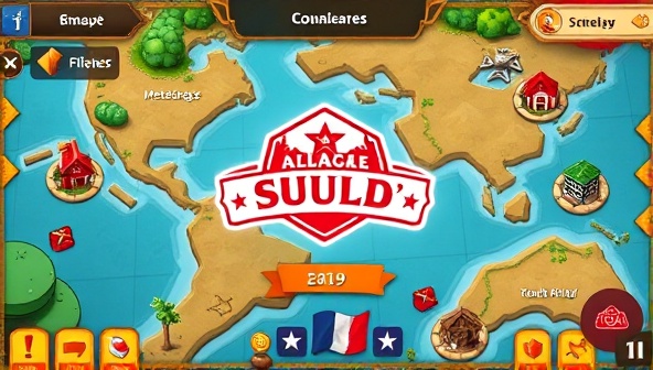 A vibrant game interface displaying a local business logo integrated into an exciting quest map, with interactive challenges, rewards, and engaging visuals, representing a fun and immersive gamified marketing experience for customers.