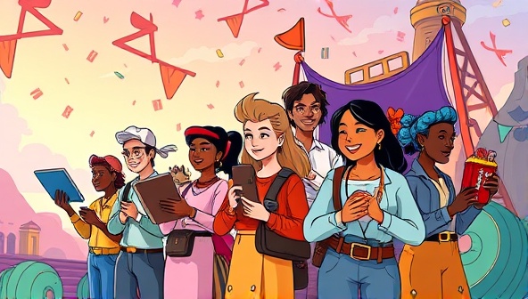 An animated illustration of a diverse group of customers embarking on a digital quest filled with colorful challenges and rewards, capturing the excitement and engagement of LoyaltyQuest's gamified loyalty program.